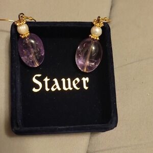 Stauer Amethyst & Pearl Dangle Earrings. Purple, White & Gold, Oval Shape